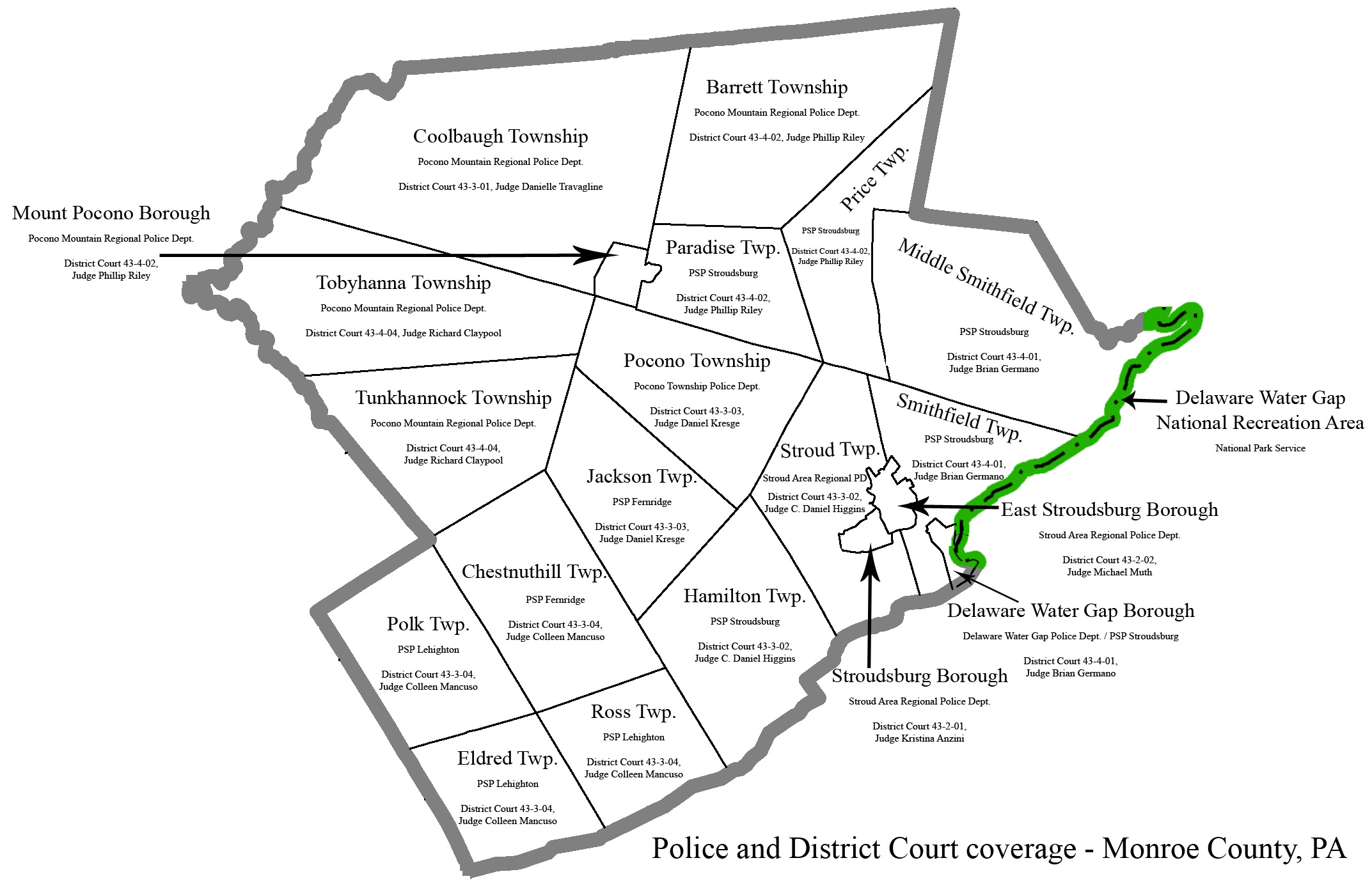 Map of Monroe County police and district court jurisdictions